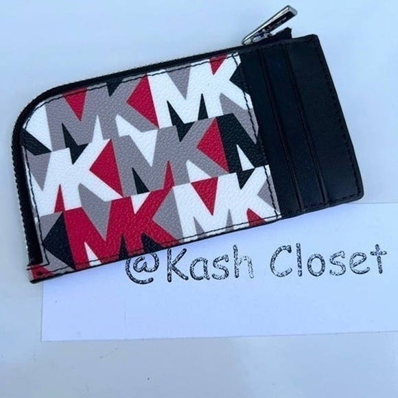 Michael Kors Mens Card case wallet Cooper Logo Zip Around Crimson - Picture 2 of 3